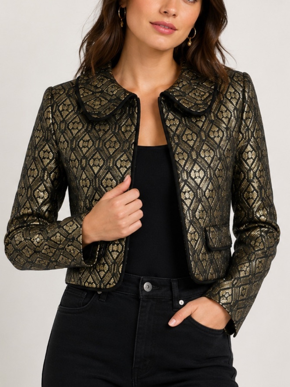 ModCloth Gold Metallic Jacquard Peter Pan Collar Jacket Blazer S Retro NWT